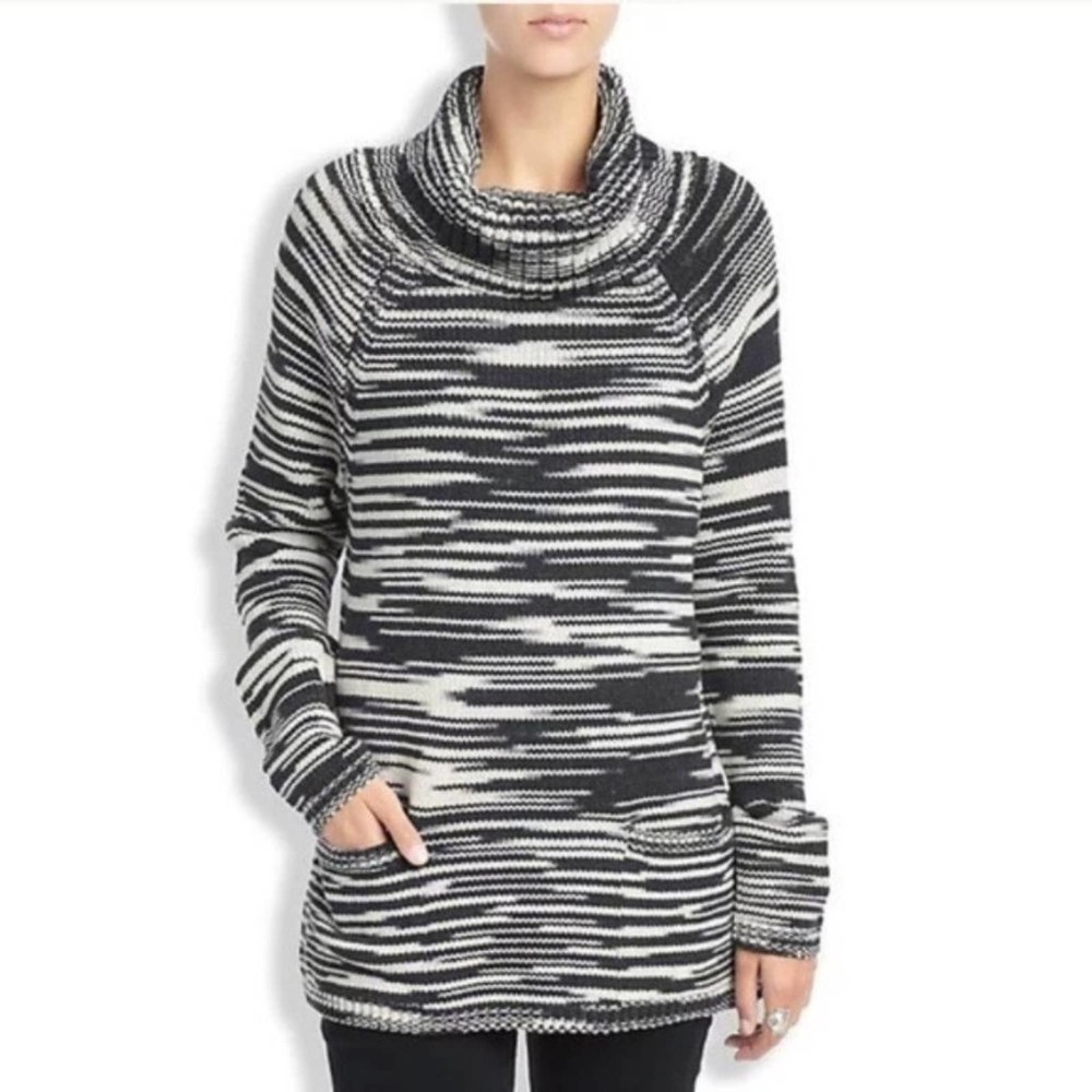 Lucky Brand Tunic Sweater Medium Gray/White Space Dye Cowl Neck Pockets Pullover